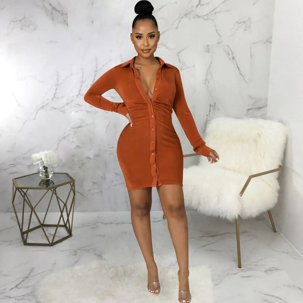 Solid Color Sexy Fashion Shirt Dress for Women
