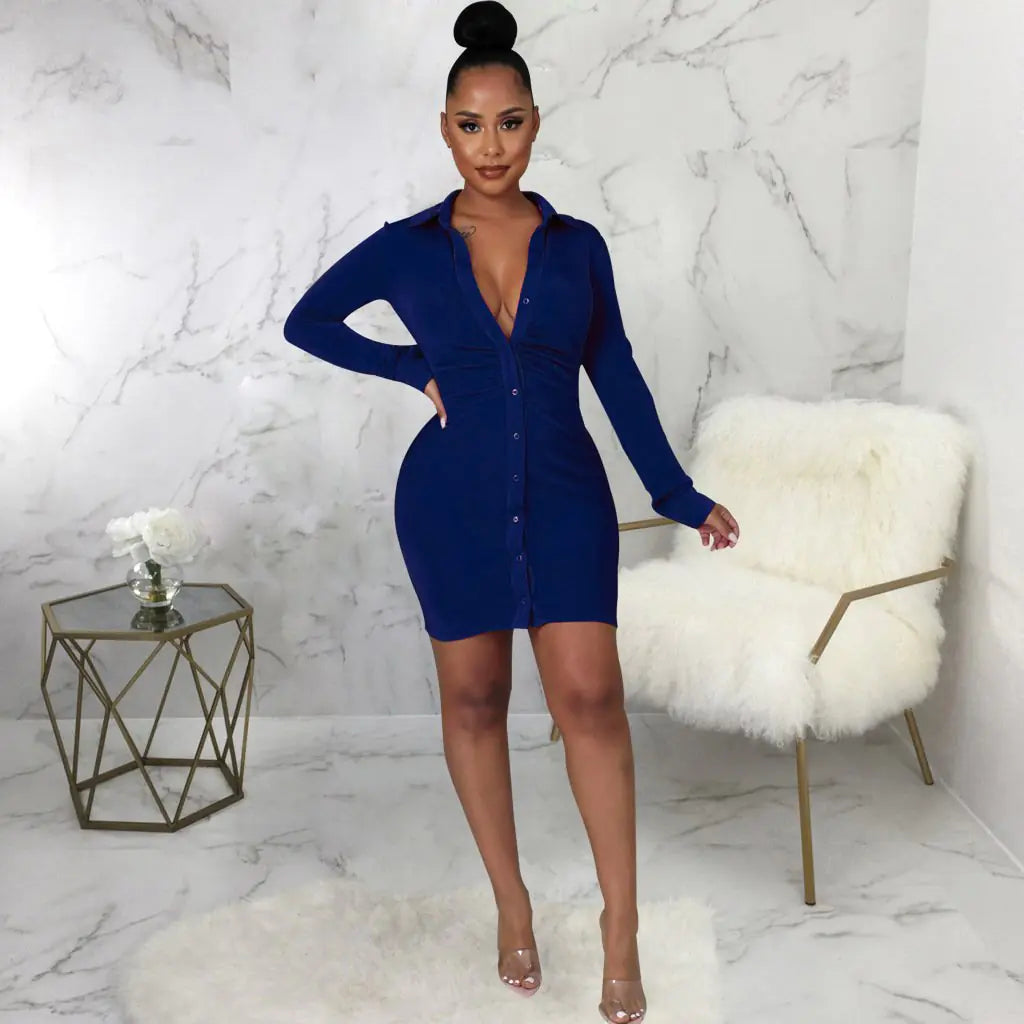 Solid Color Sexy Fashion Shirt Dress for Women