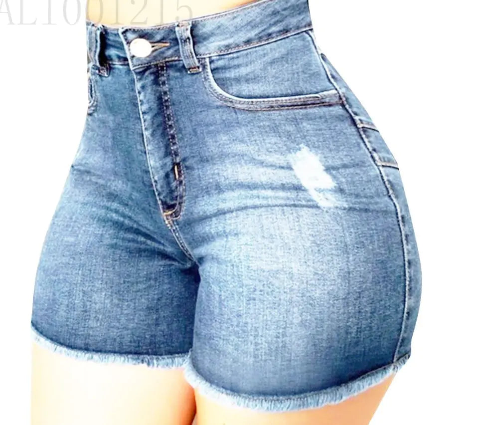 Elastic Slim Fit Ripped Fringe Denim Shorts for Women