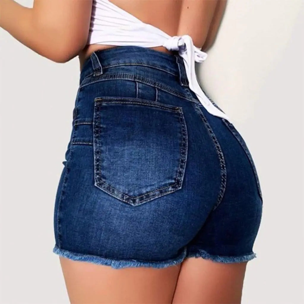 Elastic Slim Fit Ripped Fringe Denim Shorts for Women