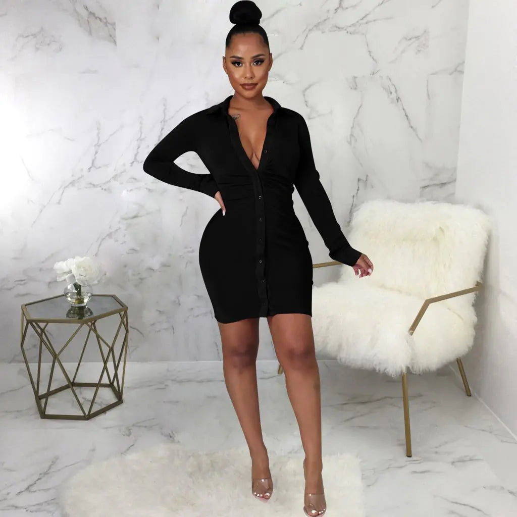 Solid Color Sexy Fashion Shirt Dress for Women