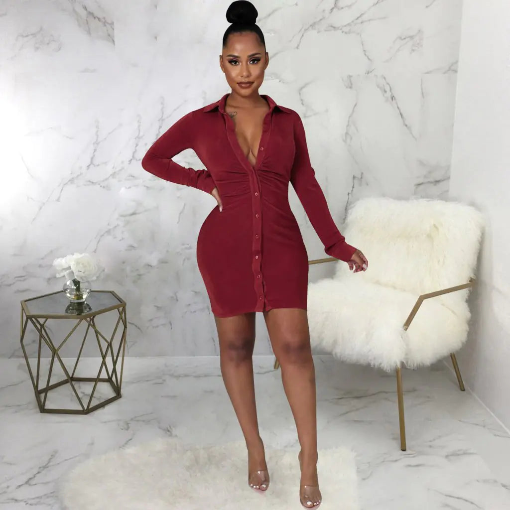 Solid Color Sexy Fashion Shirt Dress for Women