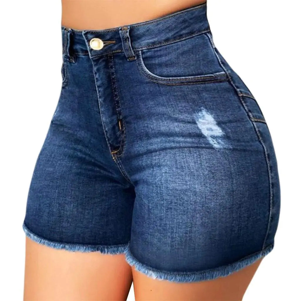 Elastic Slim Fit Ripped Fringe Denim Shorts for Women