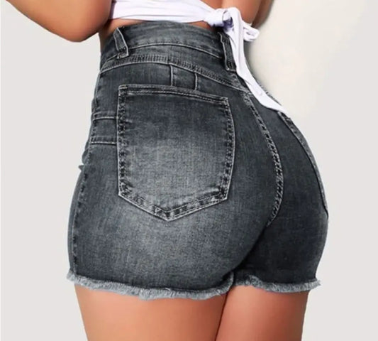 Elastic Slim Fit Ripped Fringe Denim Shorts for Women