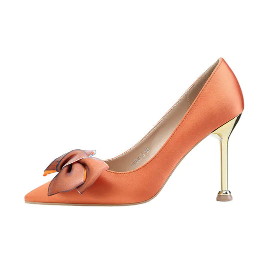 Stylish Satin Pointed Toe High Heels with Bow